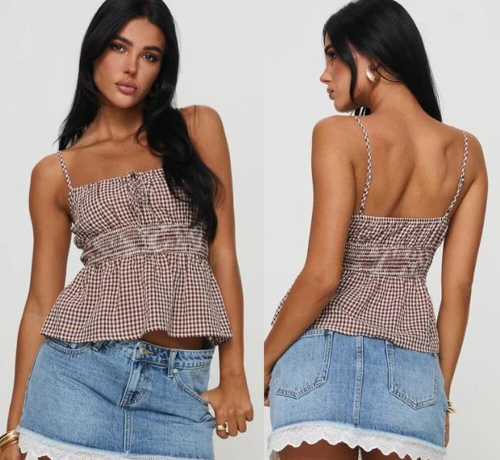 NWT Princess Polly Ansilin Shirred Band Cropped Top Brown Check Women's Size 8